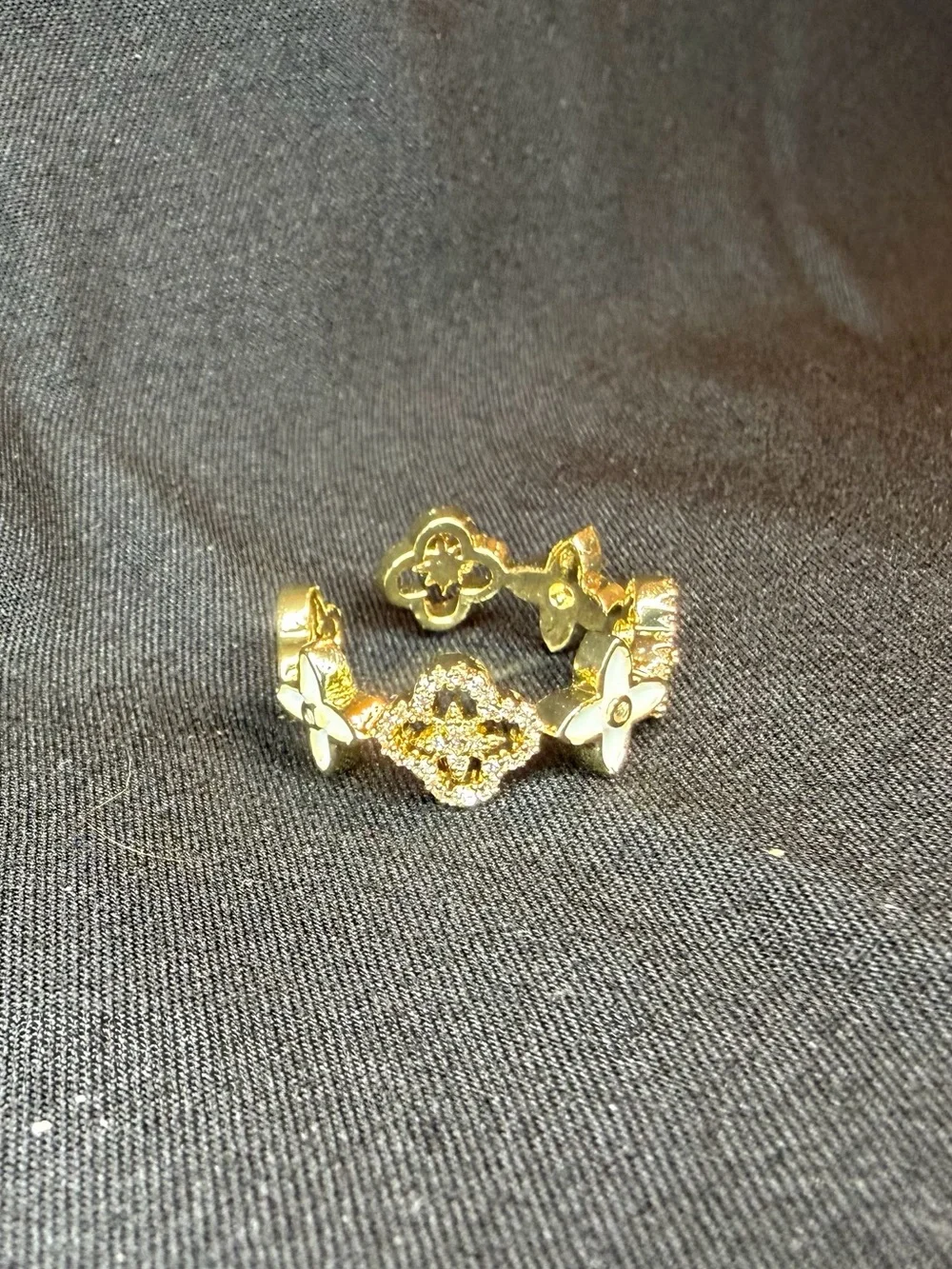 Gold Tone White Enamel Quatrefoil Clover Open Adjustable Pavé Crystal Ring